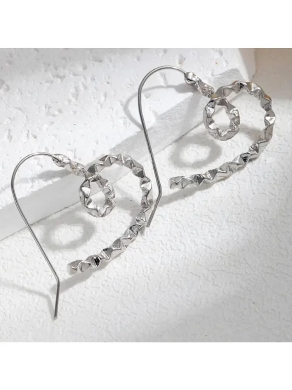 Geometric Spiral Silver Hook Earrings Textured Design
